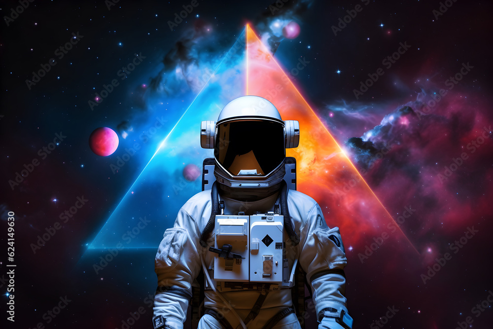 Spaceman or astronaut with triangular shape neon lights. AI generated.