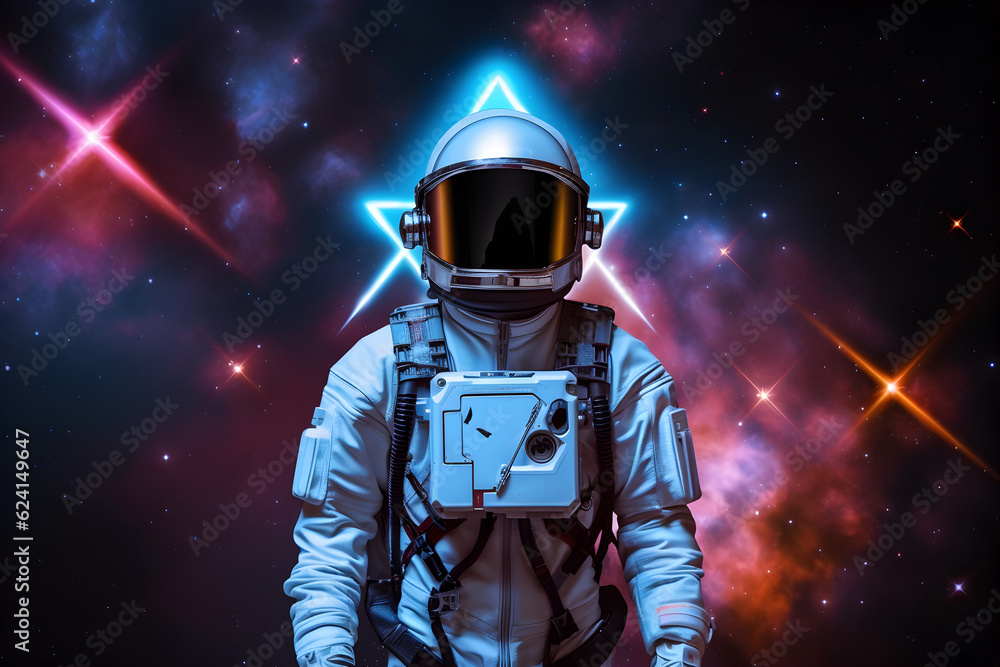 Spaceman or astronaut with triangular shape neon lights. AI generated. Spaceman or astronaut with triangular shape neon lights. AI generated.