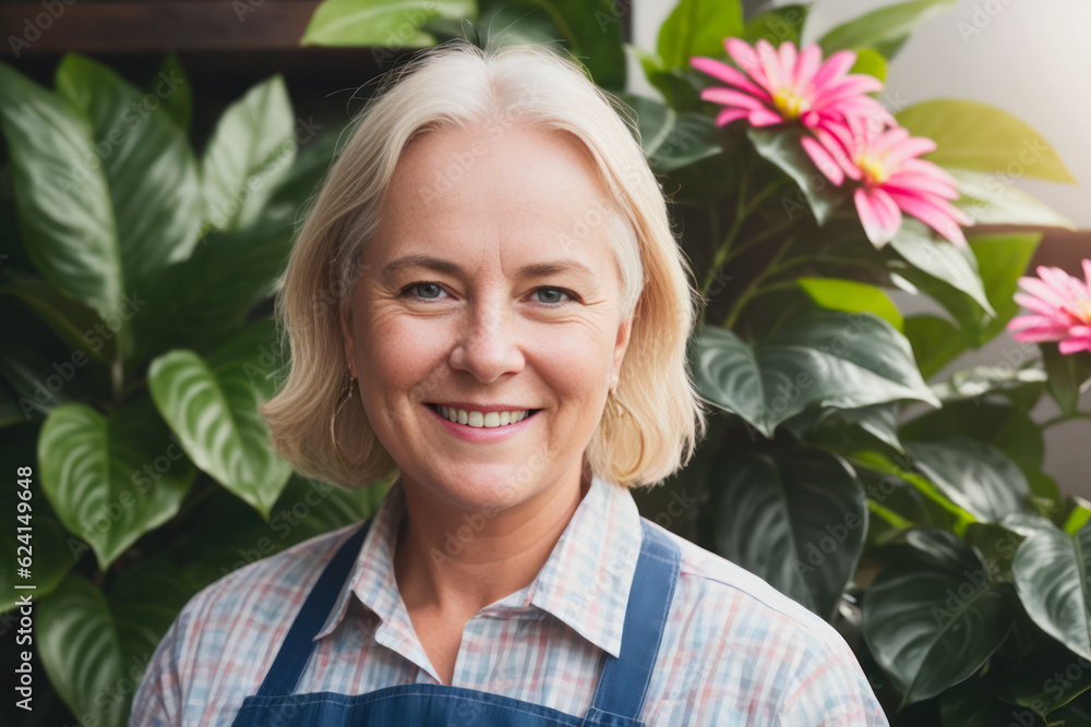 Portrait of a smiling happy senior scandinavian woman is working in a small flower shop at early morning. Concept of biophilia lifestyle. Generative AI Portrait of a smiling happy senior scandinavian woman is working in a small flower shop at early morning. Concept of biophilia lifestyle. Generative AI