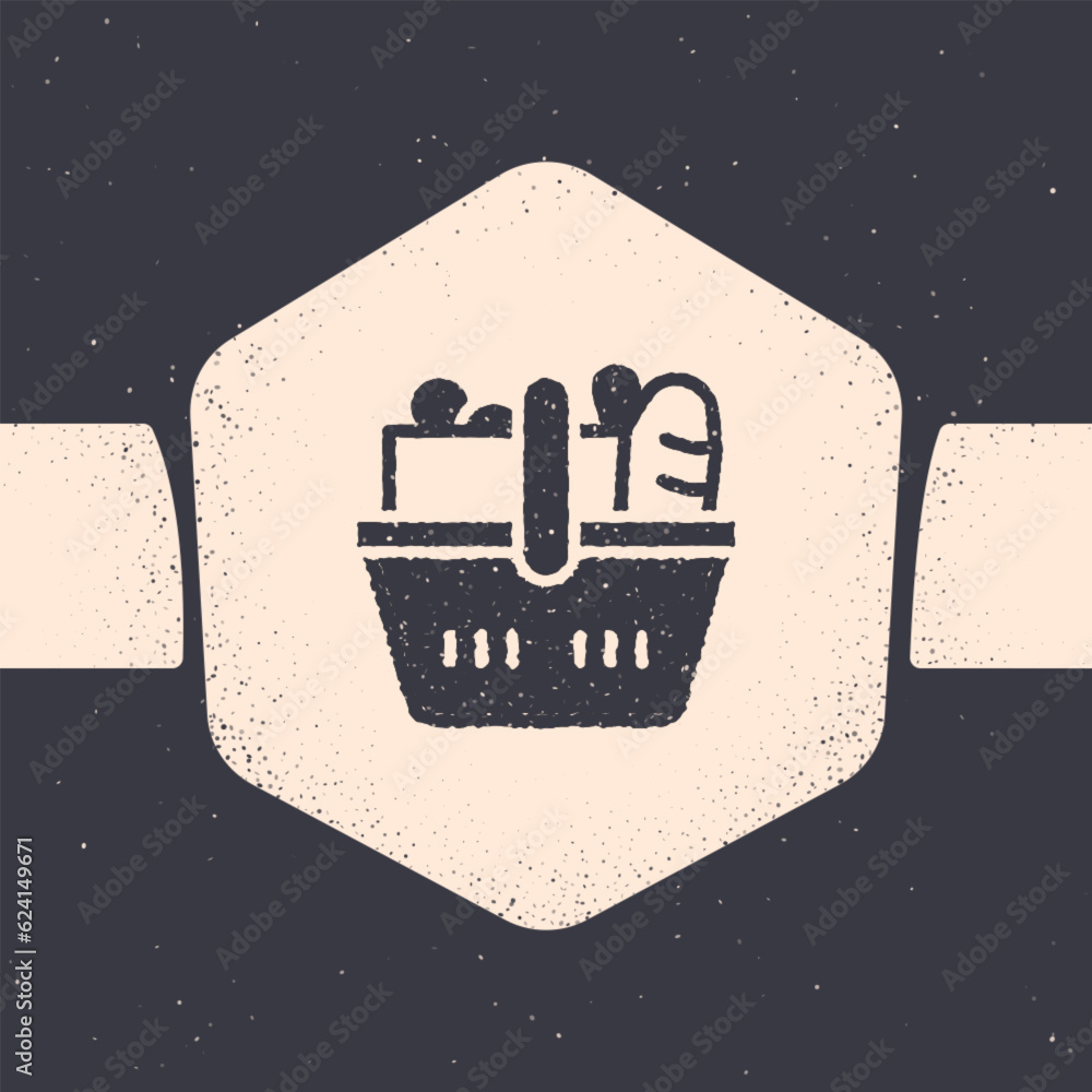 Grunge Shopping basket and food icon isolated on grey background. Food store, supermarket. Monochrome vintage drawing. Vector Grunge Shopping basket and food icon isolated on grey background. Food store, supermarket. Monochrome vintage drawing. Vector