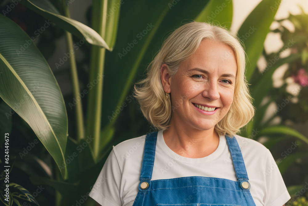 Portrait of a smiling happy senior scandinavian woman is working in a small flower shop at early morning. Concept of biophilia lifestyle. Generative AI Portrait of a smiling happy senior scandinavian woman is working in a small flower shop at early morning. Concept of biophilia lifestyle. Generative AI