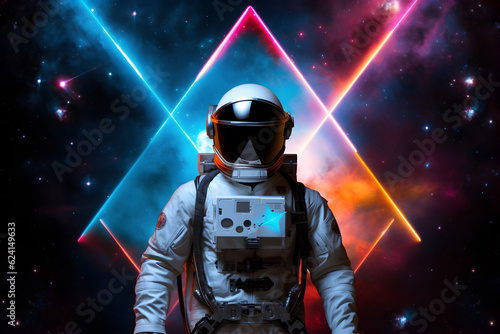 Spaceman or astronaut with triangular shape neon lights. AI generated.