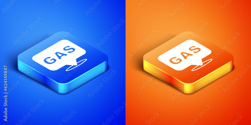Isometric Location and petrol or gas station icon isolated on blue and orange background. Car fuel symbol. Gasoline pump. Square button. Vector Isometric Location and petrol or gas station icon isolated on blue and orange background. Car fuel symbol. Gasoline pump. Square button. Vector