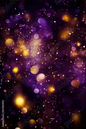 Golden light shine particles bokeh on royal purple background 