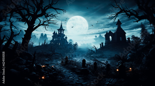 Graveyard cemetery to castle In Spooky scary dark Night full moon 