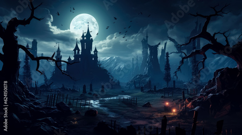 Graveyard cemetery to castle In Spooky scary dark Night full moon 
