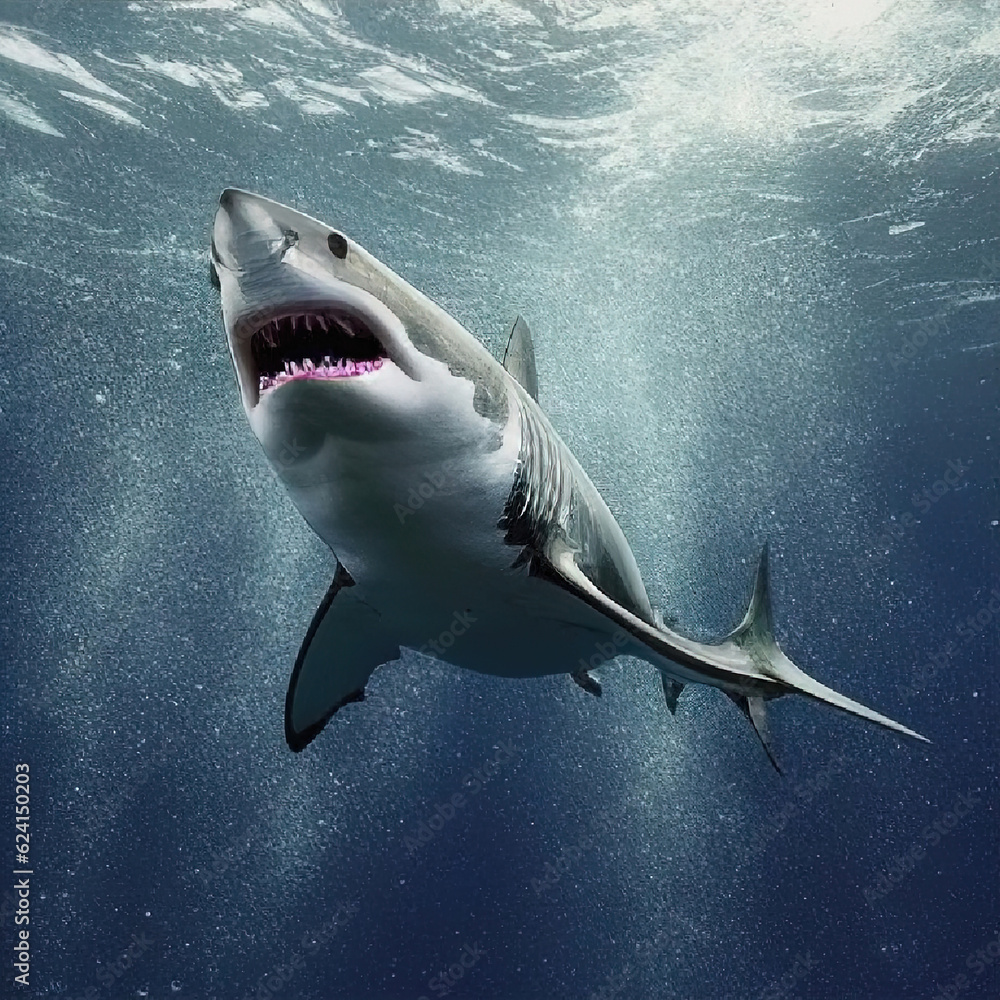 Obraz premium Great white shark in the deep blue ocean. Beautiful grey and white colour. aerated water .