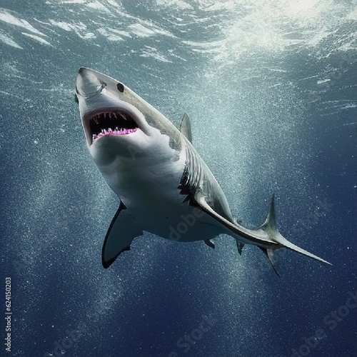 Great white shark in the deep blue ocean. Beautiful grey and white colour.  aerated water .