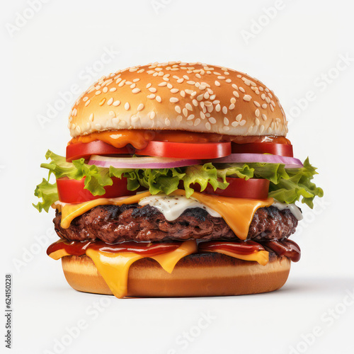 Burger with cheese on a white background. AI generative.