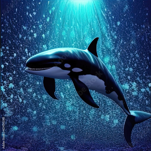 Killer whale in the deep blue ocean. Beautiful black and white colour. aerated water .