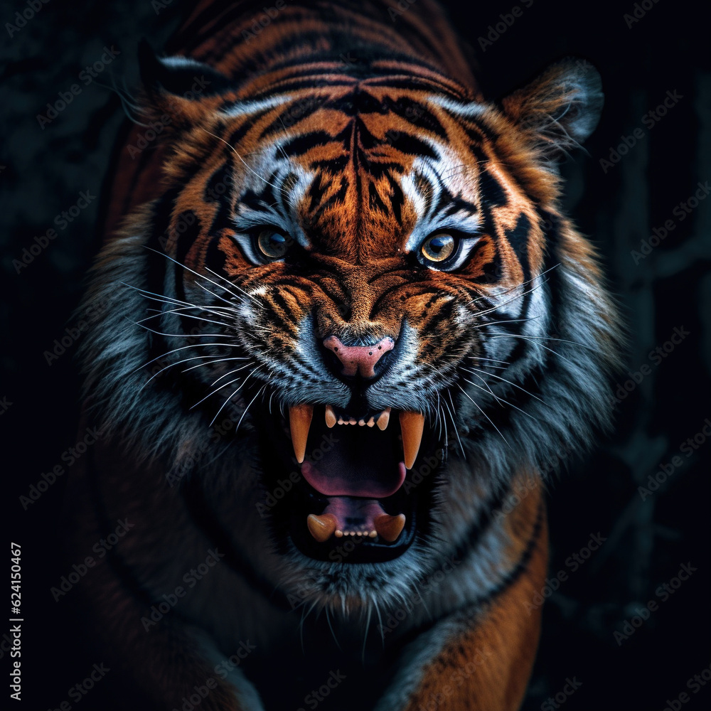 Tiger really angry face close-up. Head front view portrait black grey background Tiger really angry face close-up. Head front view portrait black grey background