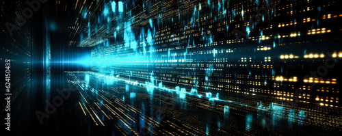 High-speed binary code in data center, blue background