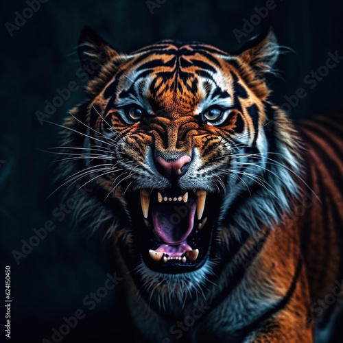Tiger portrait. Very angry tiger face close-up. Head front view black  background. © ART IMAGE DOWNLOADS