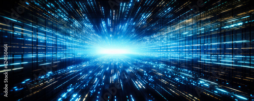 High-speed binary code in data center  blue background