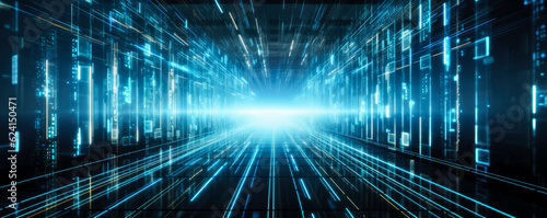 High-speed binary code in data center, blue background