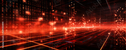 High-speed binary code in data center, red background