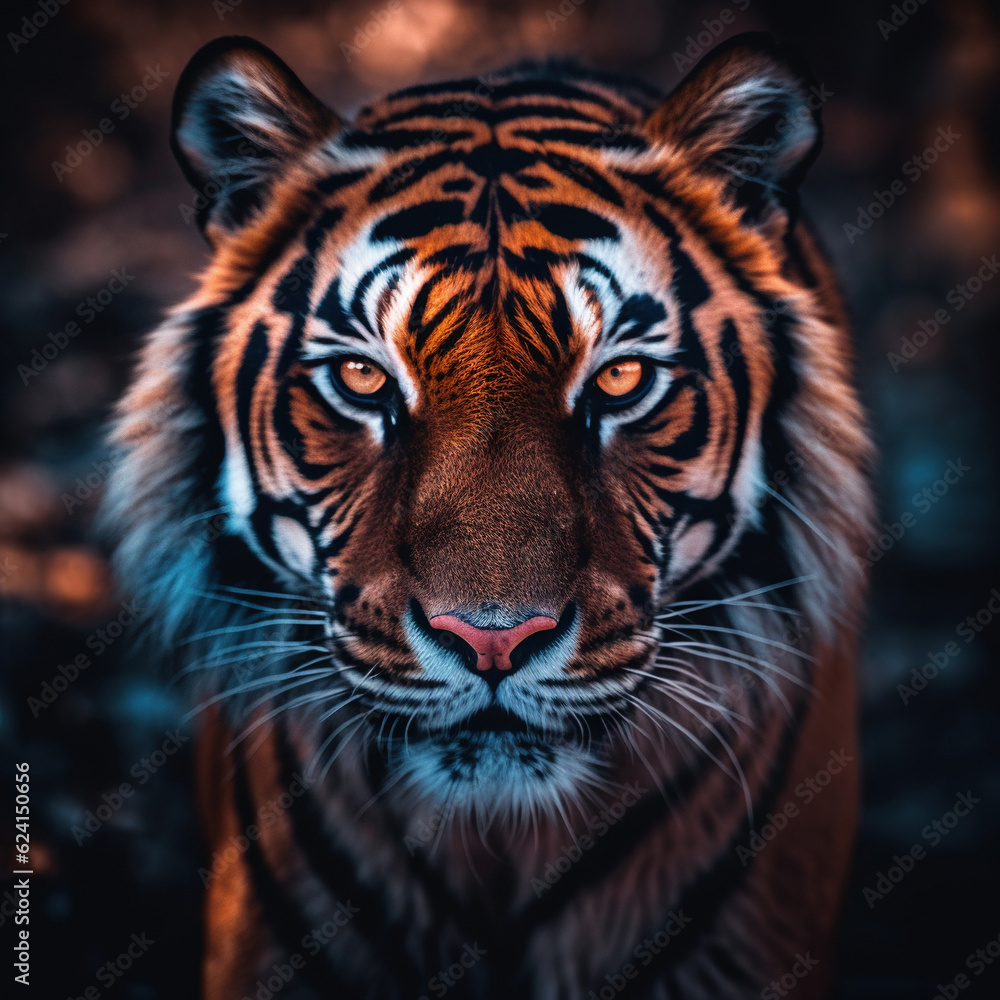 Tiger portrait beautiful face close-up. Head front view black background., Tiger portrait beautiful face close-up. Head front view black background.,