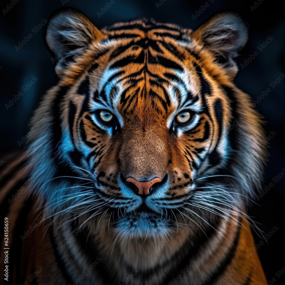 Tiger portrait beautiful face close-up. Head front view black background., Tiger portrait beautiful face close-up. Head front view black background.,