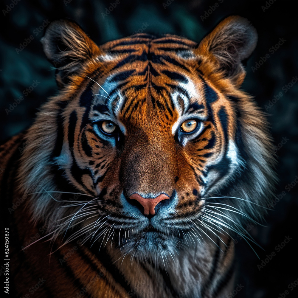 Tiger quiet beautiful face close-up. Head front view portrait grey black background.,