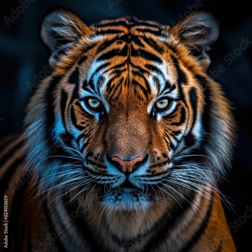 Tiger portrait beautiful face close-up. Head front view black background., © ART IMAGE DOWNLOADS