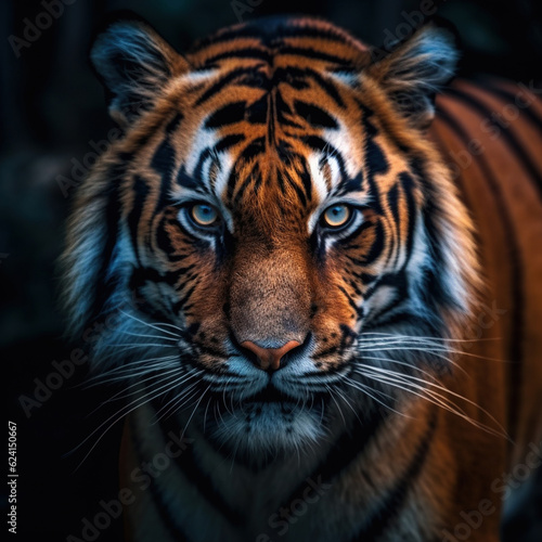 Tiger portrait beautiful face close-up. Head front view black background.,