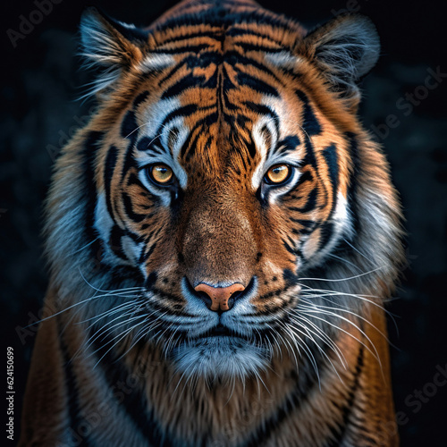 Tiger quiet face close-up. Head front view portrait grey black background. 