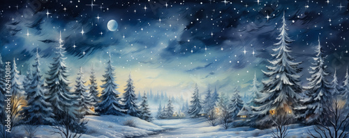 Magical forest with christmas trees and glowing lights, watercolor, background  © fotogurmespb