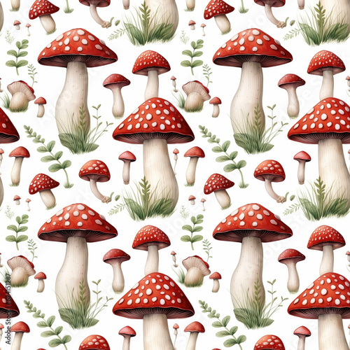 Fly agaric mushroom pattern on a white background. Watercolor botanical illustration. Nature. Pastel colors. Design for packaging, fabric, wallpapers, posters. Seamless floral pattern