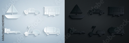 Set Scooter, Old city tram, Formula race car, Tanker truck, Sedan and Yacht sailboat sailing ship icon. Vector