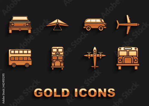 Set Double decker bus, Plane, School Bus, Old retro vintage plane, Retro minivan, Off road car and Hang glider icon. Vector
