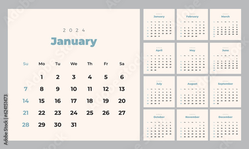 Minimalist style monthly calendar template for 2024 year. English calendar. Week starts on Sunday. Set of 12 months. Simple design with big letters, typographic elements. Square composition