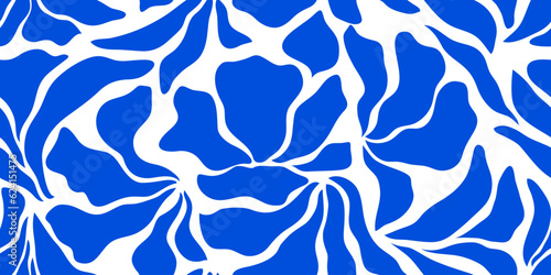 Seamless floral pattern. Blue and white background with abstract plants silhouette. Portugal, Moroccan mosaic. Portuguese azulejos. Vintage texture. Decorative simple botanical pattern
