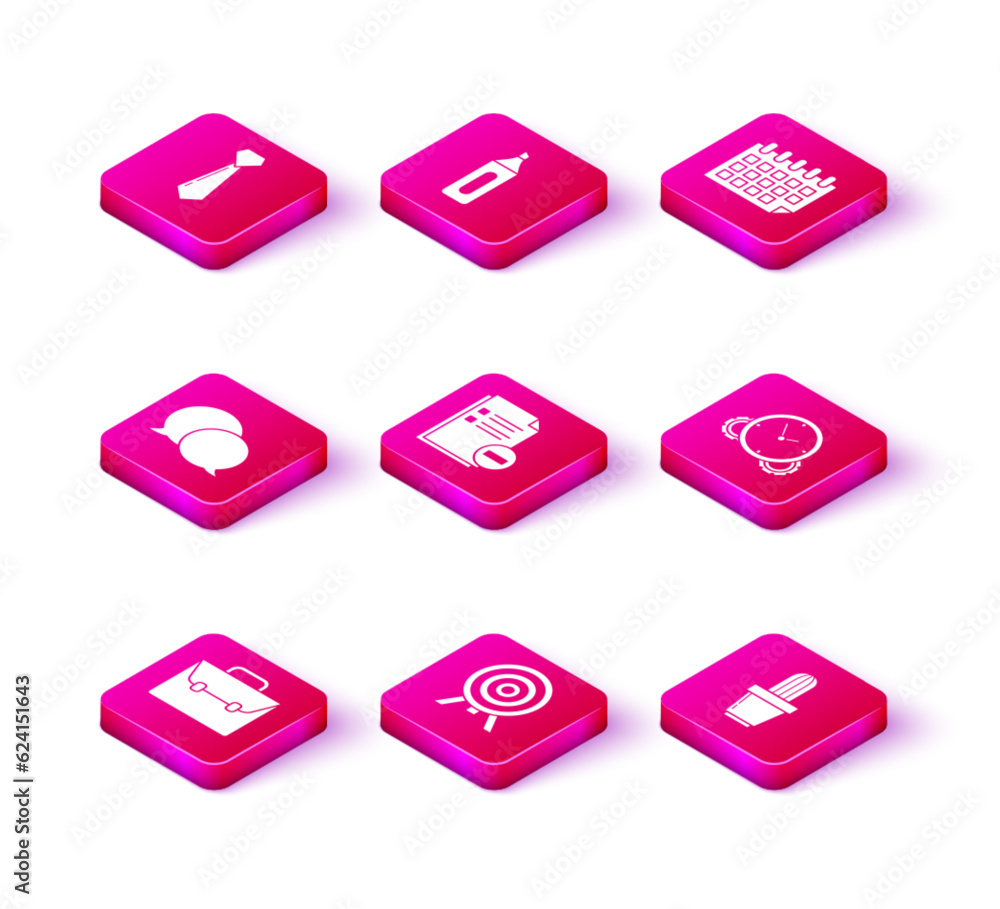 Set Briefcase, Target, Speech bubble chat, Document with minus, Cactus and succulent pot, Time Management, Calendar and Marker pen icon. Vector Set Briefcase, Target, Speech bubble chat, Document with minus, Cactus and succulent pot, Time Management, Calendar and Marker pen icon. Vector