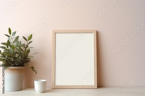Home interior poster mock up with wooden frame and plant on light biege wall background. Modern home decor. Ready to use template