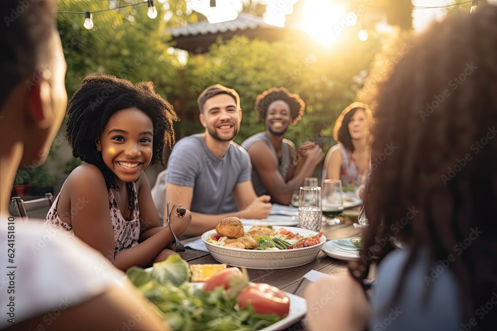 Group of young adults dining outdoors on patio, smiling girl in focus. Photo generative AI