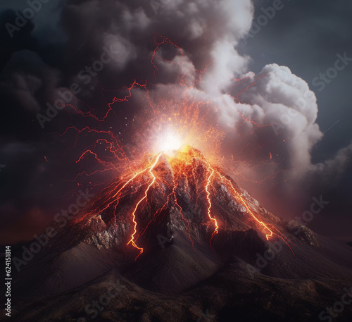 Volcano at sunset. Volcano Eruption. Volcano erupting hot lava smoke and gases into the atmosphere. 