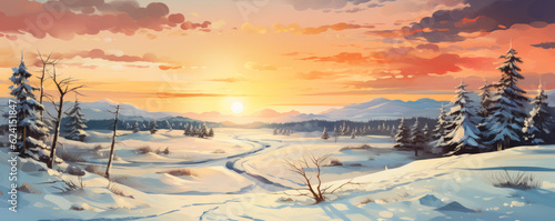 Winter landscape wallpaper with pine forest covered with snow and scenic sky at sunset, watercolor 