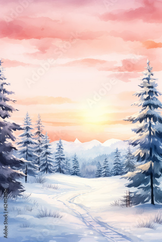 Winter landscape wallpaper with pine forest covered with snow and scenic sky at sunset, watercolor , background