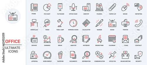 Photographie Vector illustration trendy red black thin line icons set office communication do