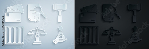 Set Scales of justice, Judge gavel, Prison window, Hand holding money bag, Document with search and Envelope icon. Vector