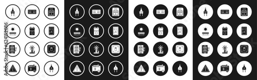 Set Battery in pack, Car battery, Solar energy panel and sun, Electric plug, Electrical cabinet, outlet, light switch and icon. Vector