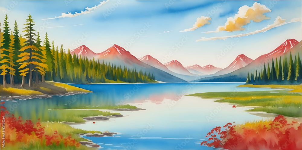 Watercolor Canada nature landscape. AI generated illustration