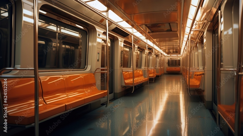 Interior of subway train, urban background. Created with Generative Ai technology. Interior of subway train, urban background. Created with Generative Ai technology.
