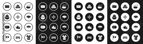 Set Asian noodles in bowl and chopsticks, Japanese ninja shuriken, Maneki neko cat, Sushi, Paper chinese or japanese folding fan, and icon. Vector
