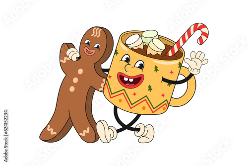 Gingerbread and a mug of hot drink  Groove characters have fun celebrating Christmas. Vector illustration in retro cartoon style  design for poster  flyer  menu