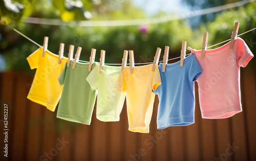 After washing  children s colorful clothes dry on a clothesline in the yard under sunlight. Organic baby detergents and laundry. ai generative