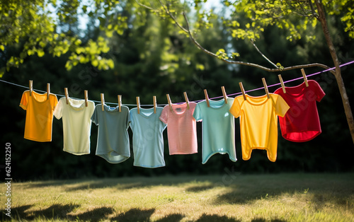 After washing, children's colorful clothes dry on a clothesline in the yard under sunlight. Organic baby detergents and laundry. ai generative