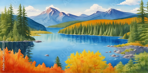 Watercolor Canada nature landscape. AI generated illustration