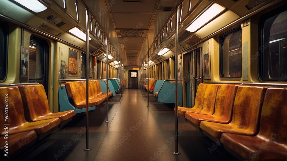 Interior of subway train, urban background. Created with Generative Ai technology.