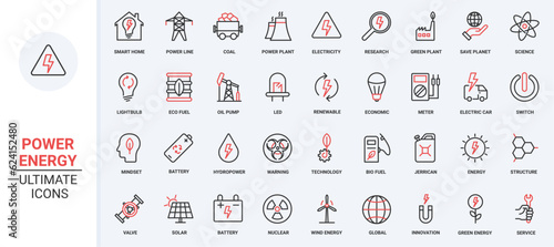 Vector illustration red black thin line icons set electric power plant energy, global green technology to save manage renewable resources nature, hydro and nuclear factory, and eco fuel.